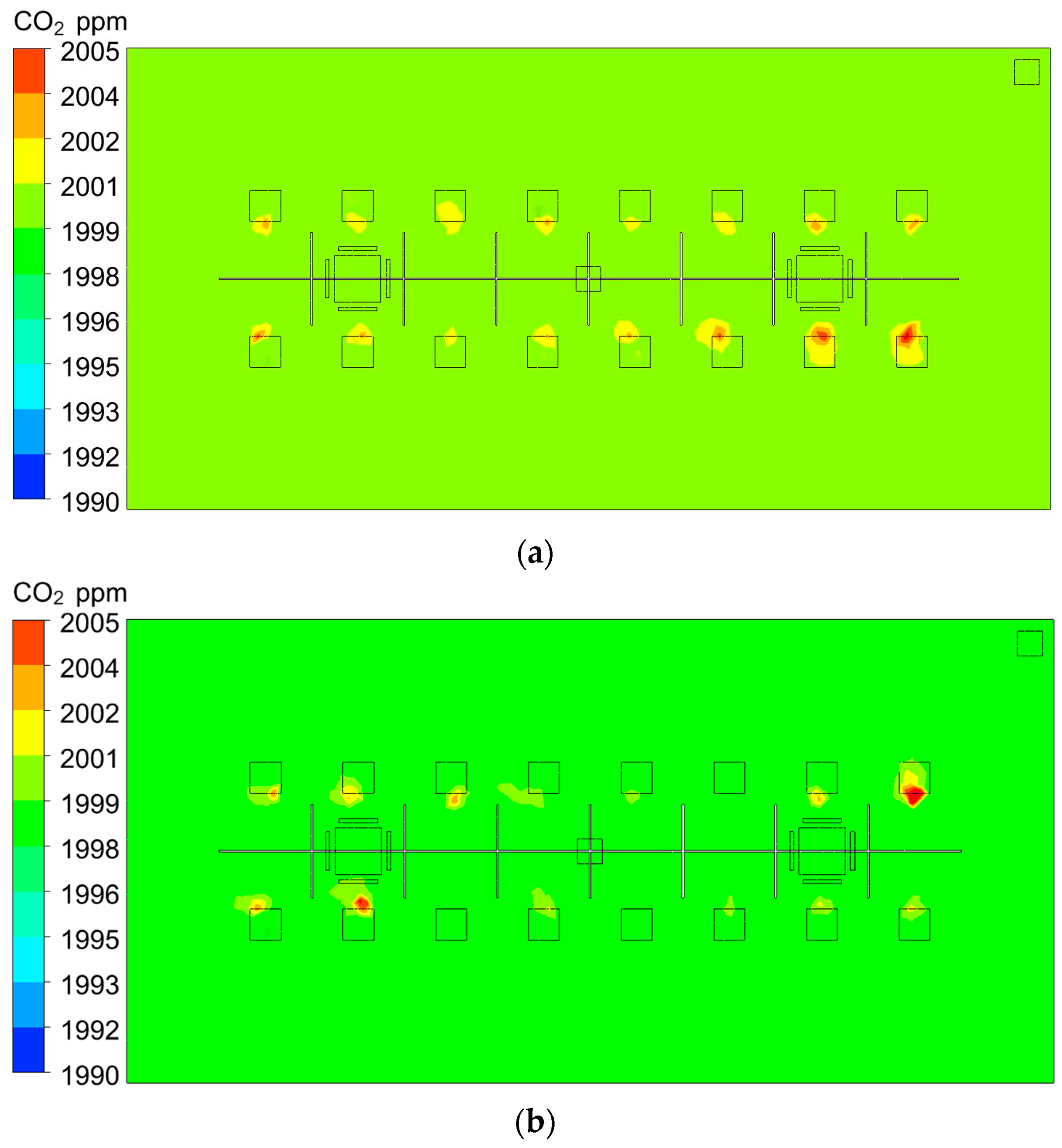 شکل ۱۰ توزیع غلظت CO2 را تحت K1 و K2 بدون سیستم هوای تازه نشان می دهد. در غیاب سیستم هوای تازه، غلظت  CO2 داخلی بالا است.
