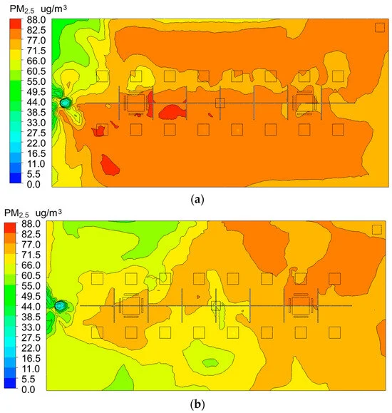 شکل ۷. توزیع غلظتPM2.5  : (الف) توزیع غلظتPM2.5  تحت شرایط K1. (ب) توزیع غلظت PM2.5  تحت شرایط K2.